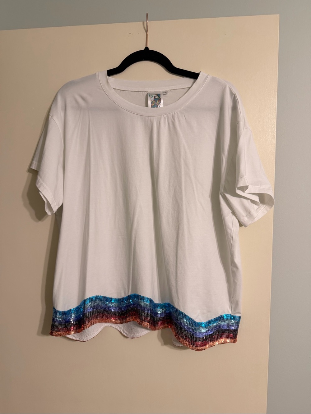 White Tee with Multicolor Sequin Hem
